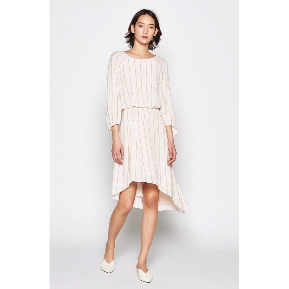 Joie 4 Cream Mustard Pinstripe Blouson Hi-Lo Asymmetric Hem Gabisa Dress 673